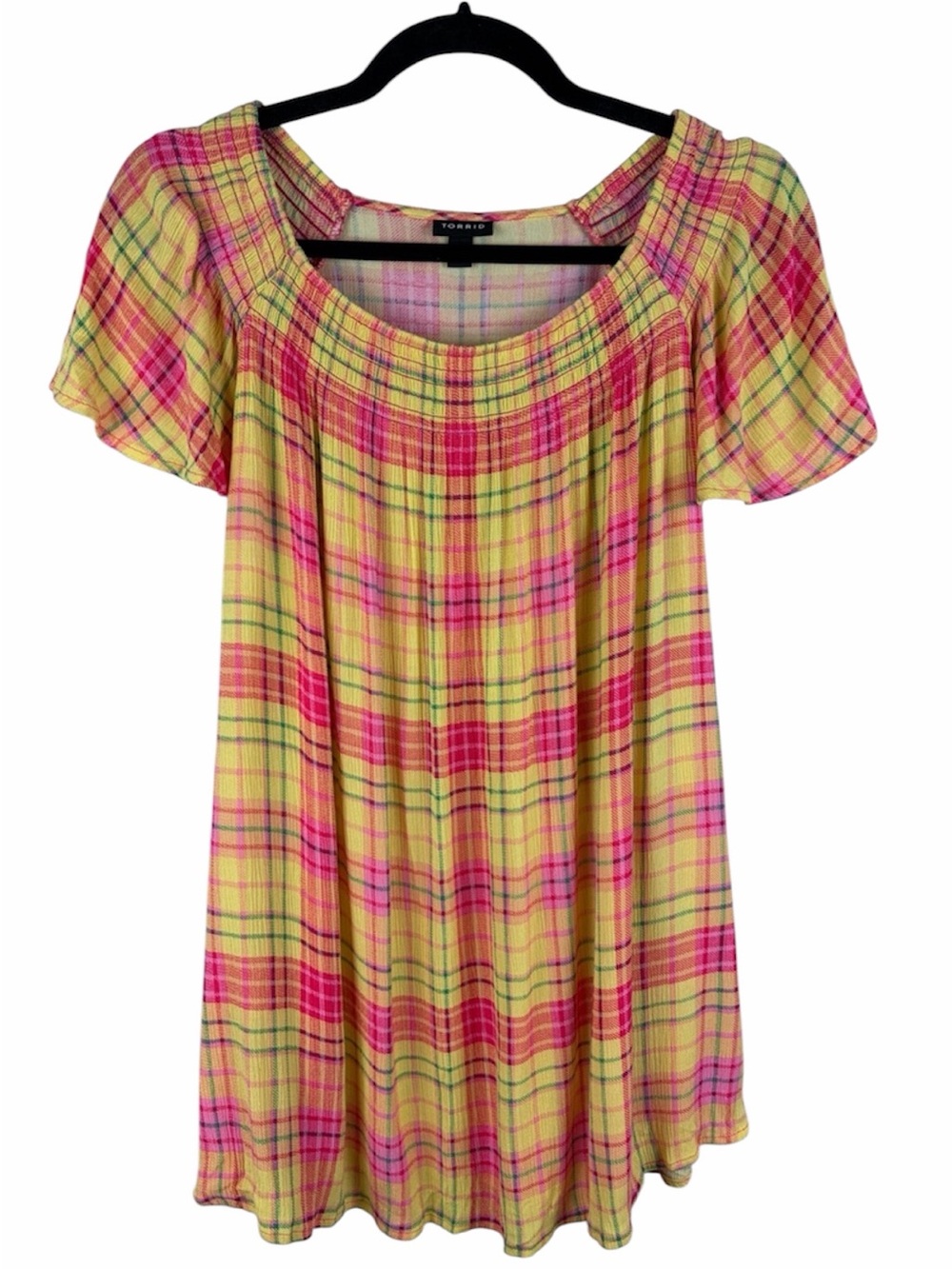 Torrid Size 2X Yellow Pink Plaid Rayon Babydoll Swing Tunic Top